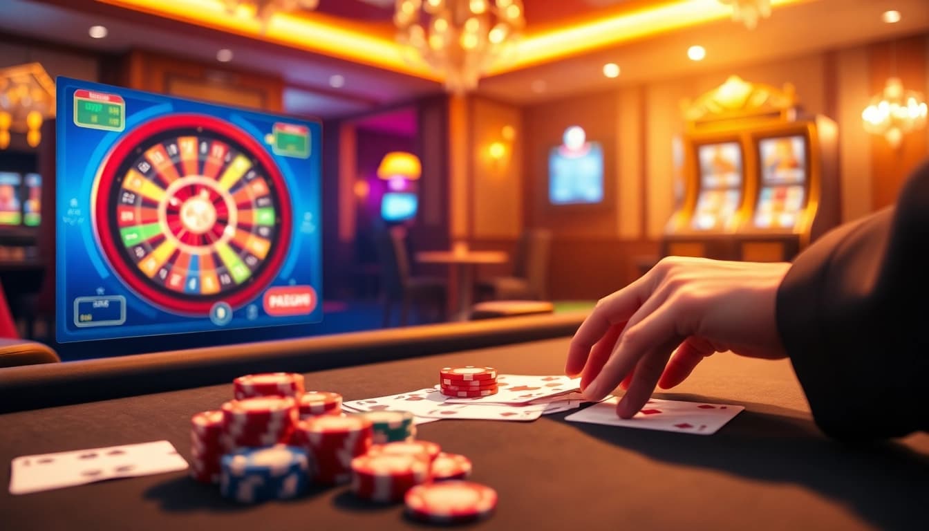 Scène de poker engageante illustrant l'interface du casino en ligne avec des couleurs vives et des éléments de luxe.
