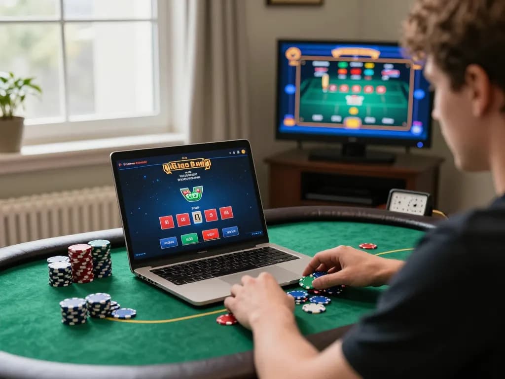Person playing poker online while maintaining responsible gaming practices on hakobhakobyanart platform.