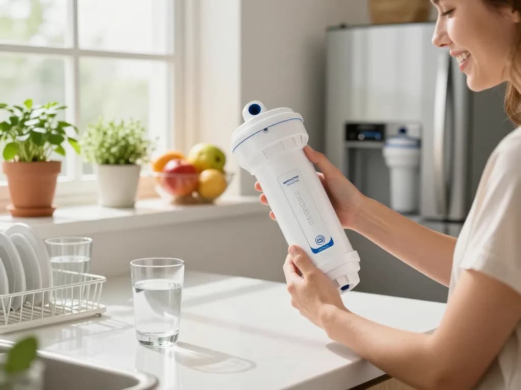 Person joyfully replacing the Waterdrop BORPLFTR50 Replacement for Bosch® Ultra Clarity® Pro 11032531 water filter in a bright kitchen.