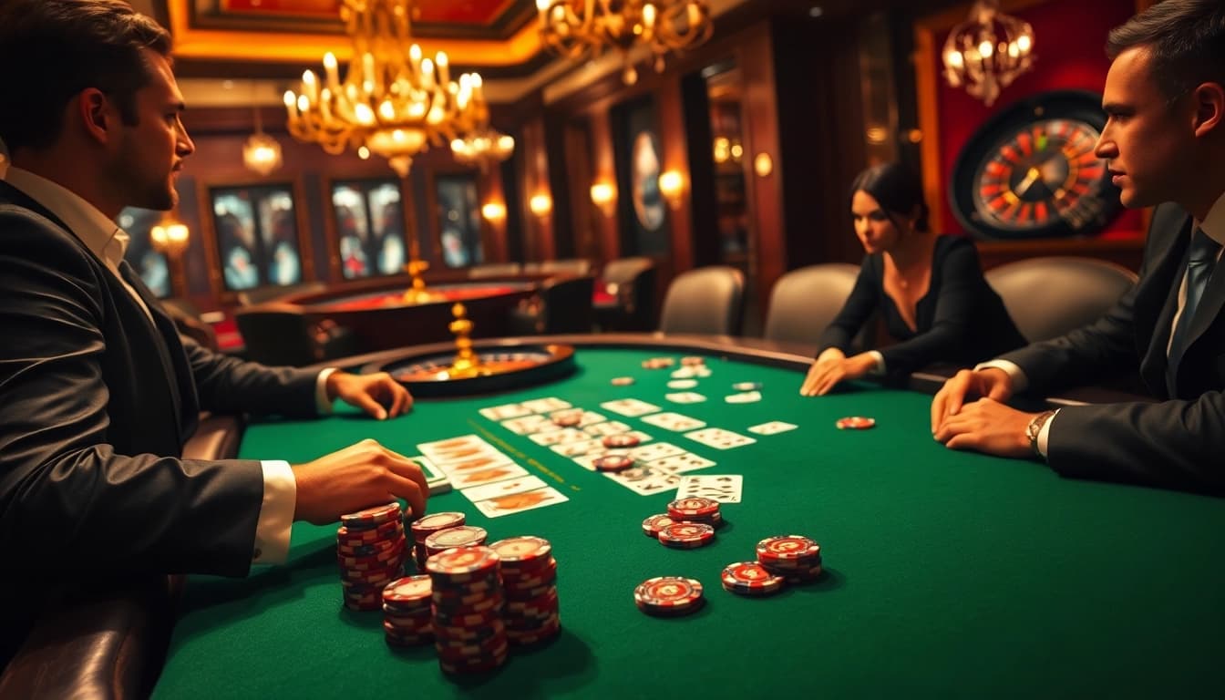 Vivez un gameplay palpitant dans un casino en ligne de luxe en France avec des tables de poker et une atmosphère vibrante.