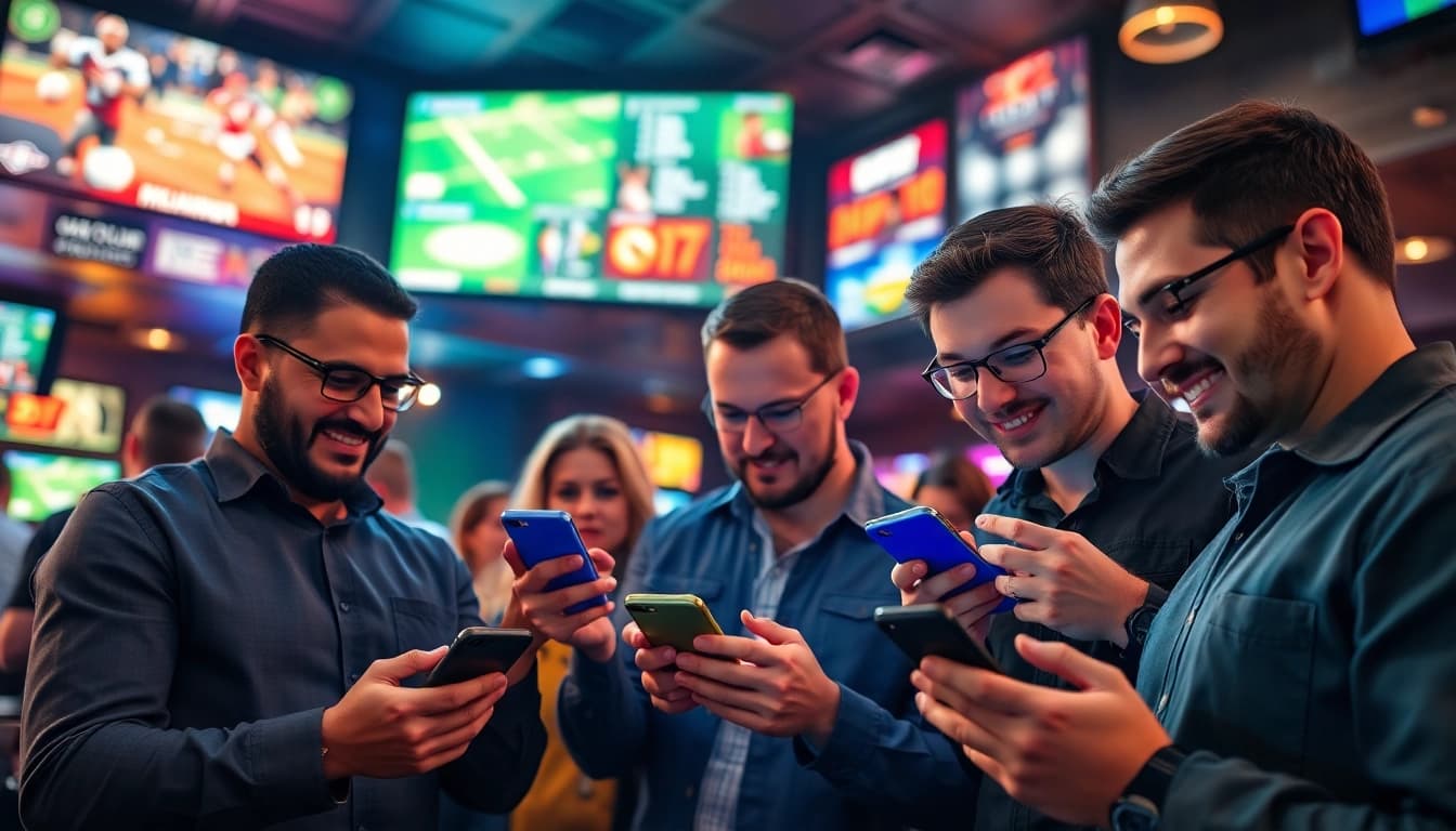 Engaged users exploring sports betting apps Oklahoma in an energetic sports bar atmosphere.