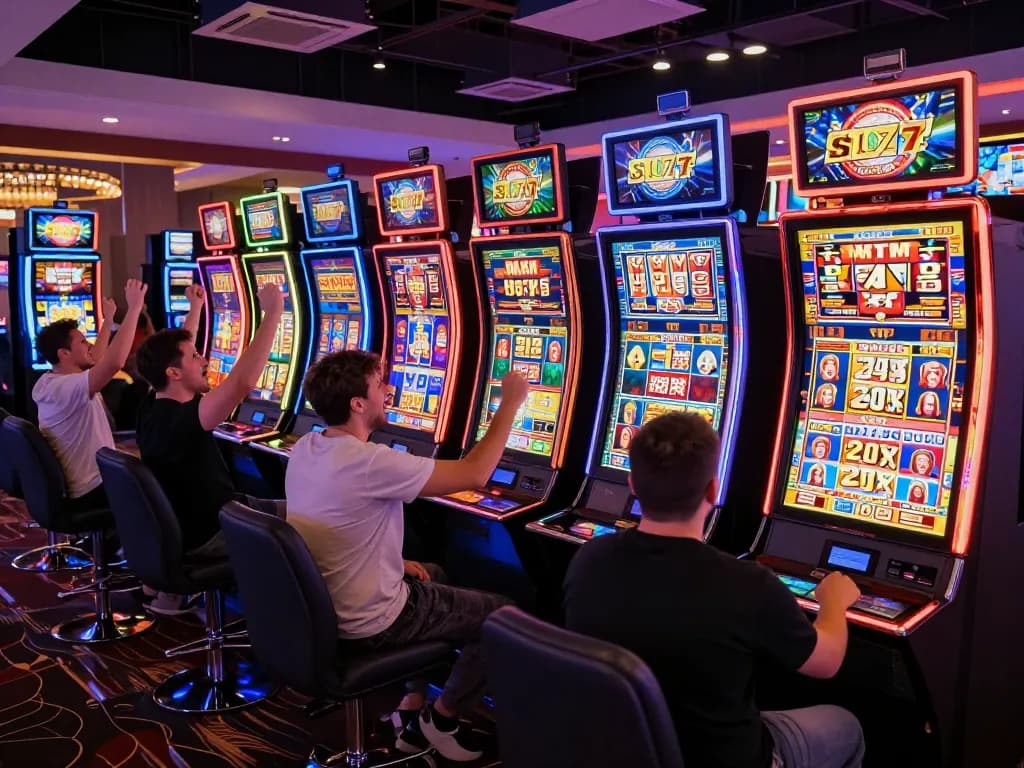 Players enjoying thrilling slot 777 gameplay at a vibrant casino with neon lights shining.