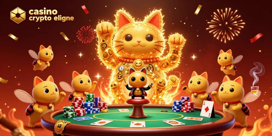 Jouer sur casino crypto en ligne avec des lucioles dorées et des éléments de casino colorés.
