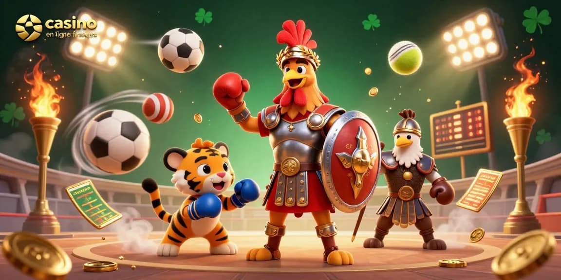 Jouez au casino en ligne français avec des personnages colorés dans une arène dynamique entourée d'éléments de jeu.