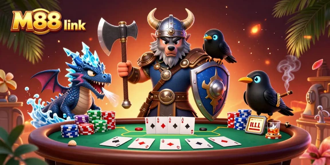 Experience M88 link with the Viking wolf warrior in a dynamic 3D poker scene surrounded by vibrant casino elements.