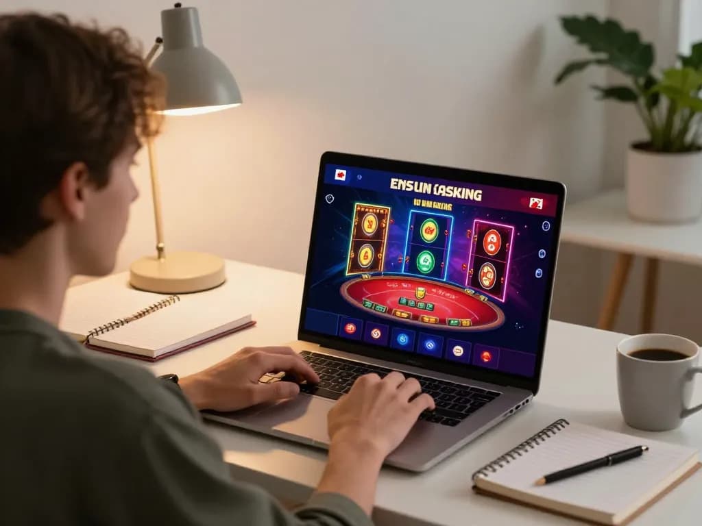 Engaged player using laptop for Canada online casinos reddit with vibrant game visuals displayed