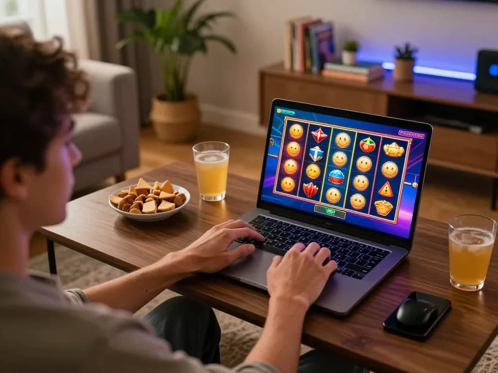 Engaging scene of a person playing judi slot on a laptop in a cozy home setting