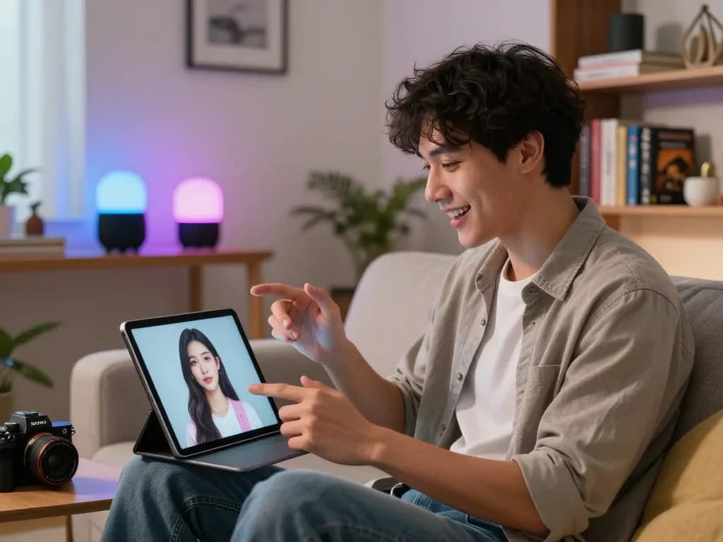 Engaging AI girlfriend conversation in a modern tech-savvy home setting.