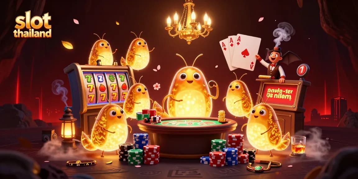 Experience the vibrant slot thailand gaming scene with glowing characters lighting a casino, featuring slot reels and poker chips.