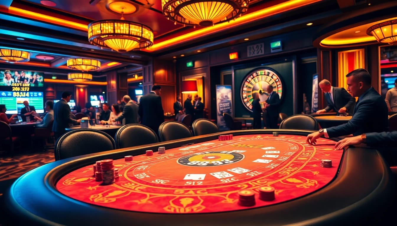 Feel the excitement of b52 at a luxurious poker table with vibrant chips and dealers.