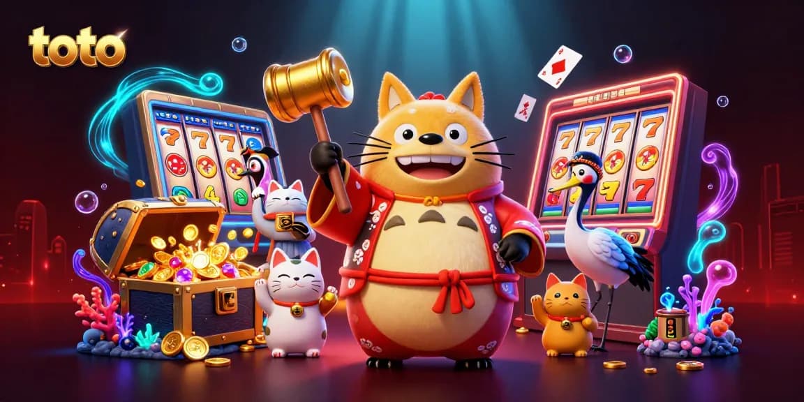 Engage with toto in a vibrant casino scene featuring lucky tanuki holding a golden mallet amid slot reels.