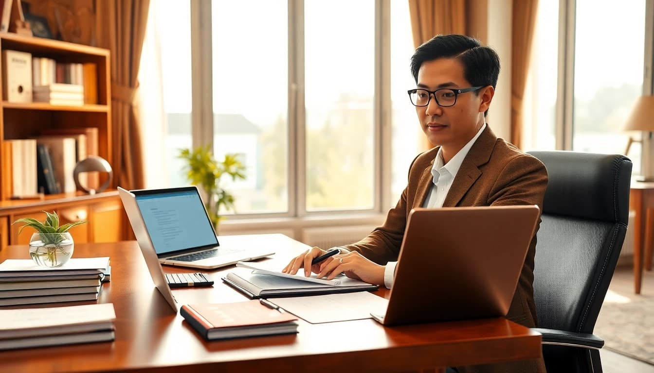 Traducteur assermenté chinois travaillant dans un environnement de bureau professionnel