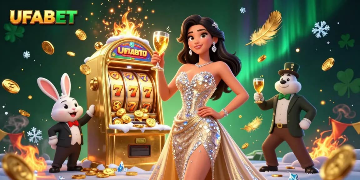 Experience exciting gameplay at UFABET with a glamorous woman toasting and a flashy jackpot slot machine.