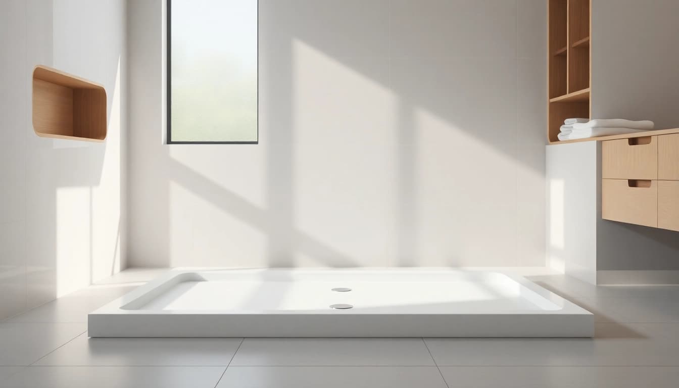 Highlighting a modern shower base with elegant design and neutral colors in a serene bathroom atmosphere.