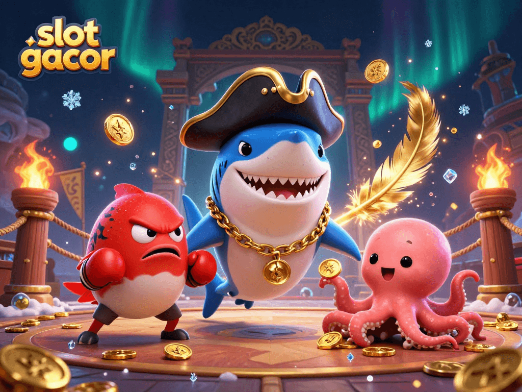 Melihat slot gacor dengan hiu kapten, ikan puff merah, dan bayi gurita yang memegang koin emas.