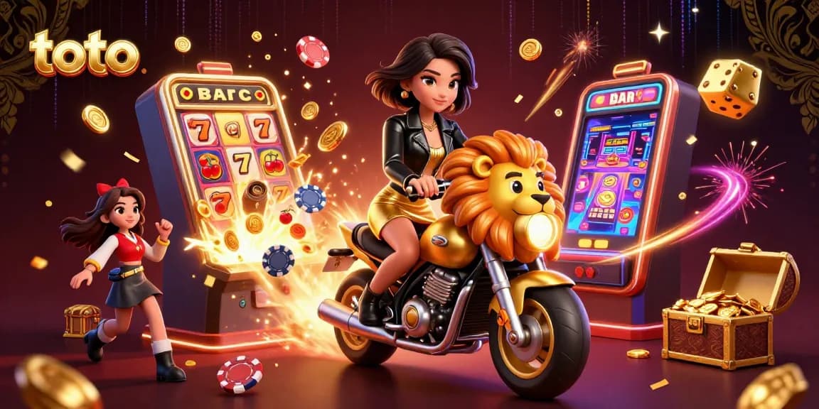 Play exciting slot games with toto featuring a glamorous woman on a golden lion mascot.