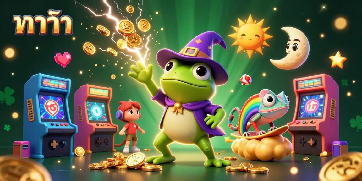 Engage in exciting บาคาร่า gameplay with a vibrant scene featuring a wizard frog, chameleon, and golden coins.
