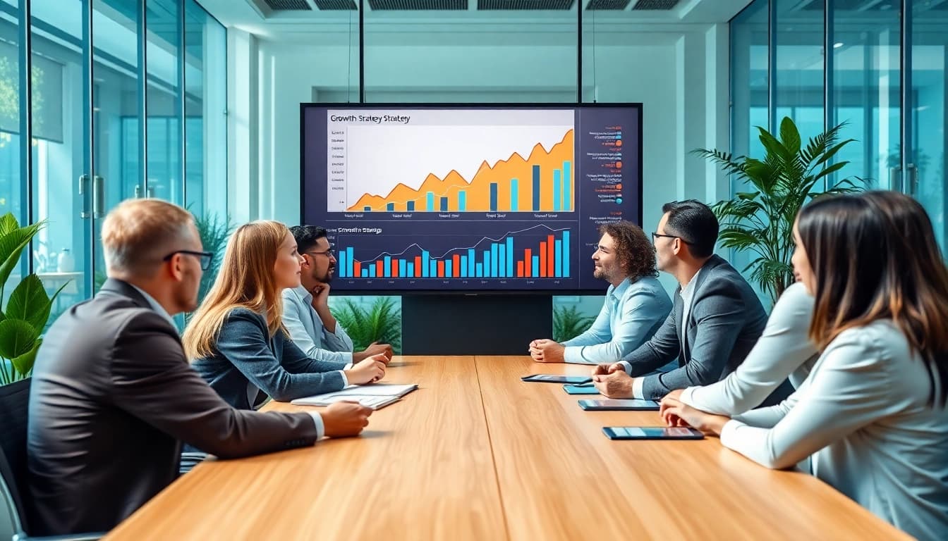 Analyze growth strategy trends with a diverse team at a professional meeting.
