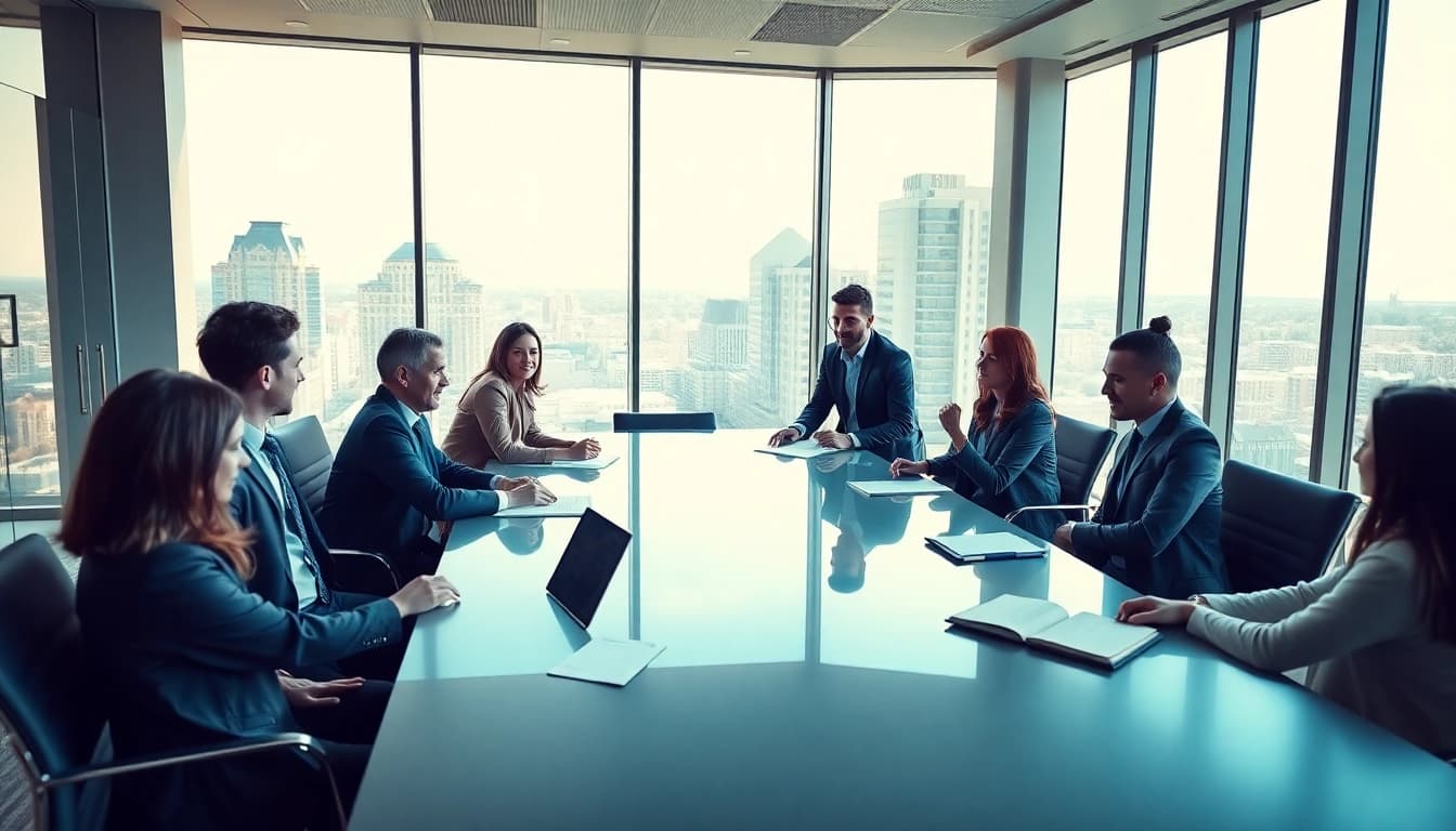 Engage with competitive intelligence faqs in an interactive business meeting scene emphasizing teamwork.