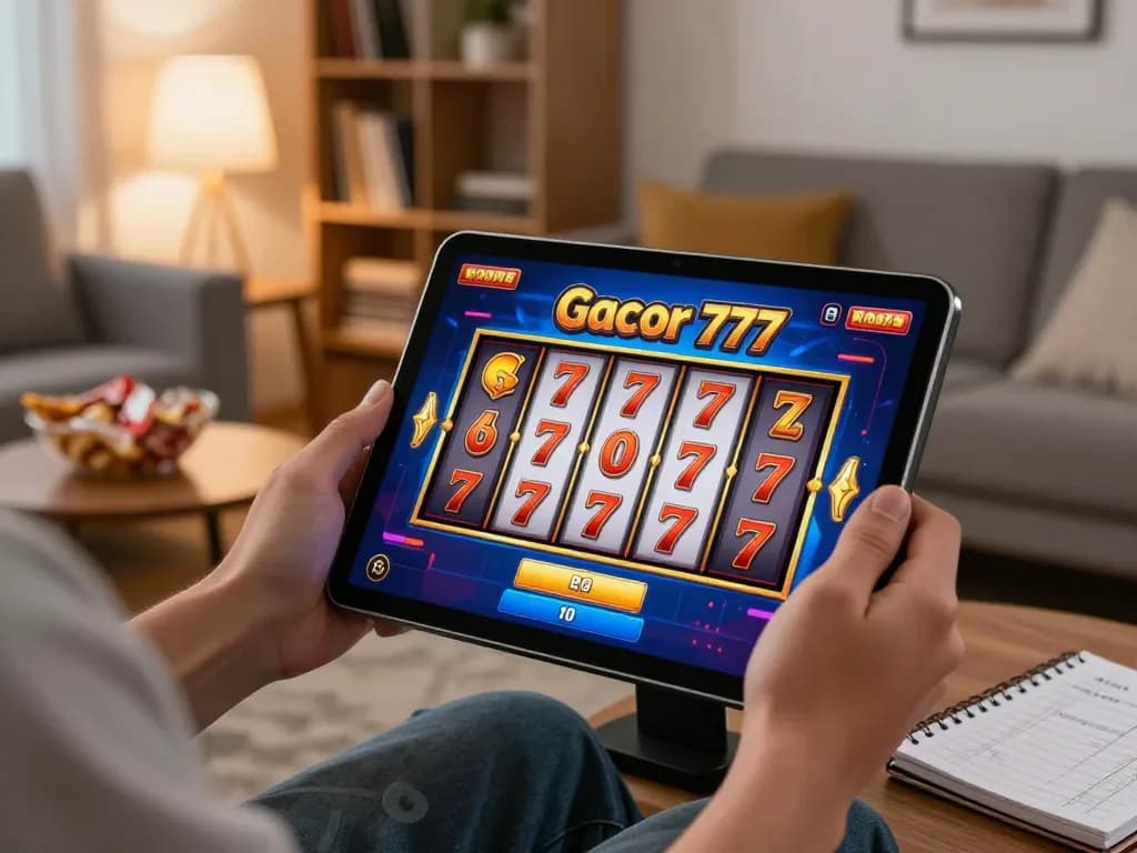 Engaging in slot gacor 777 gameplay via tablet in a cozy home setting, highlighting a strategic approach.