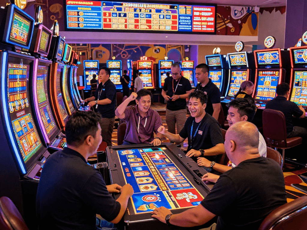 Exciting casino atmosphere with players celebrating a slot luar negeri win surrounded by colorful machines and lights.