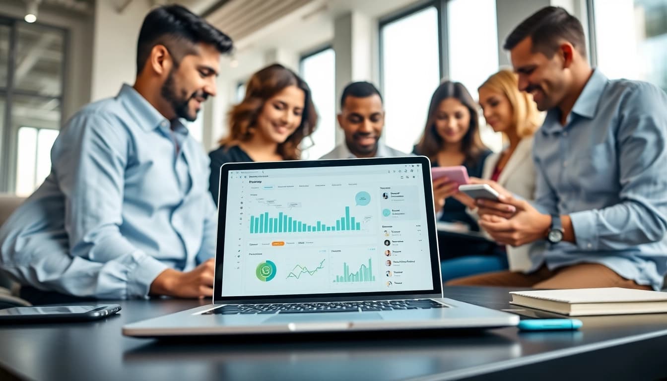 Visualizing WhatsApp Business CRM in a productive office with dynamic interactions and analytics.