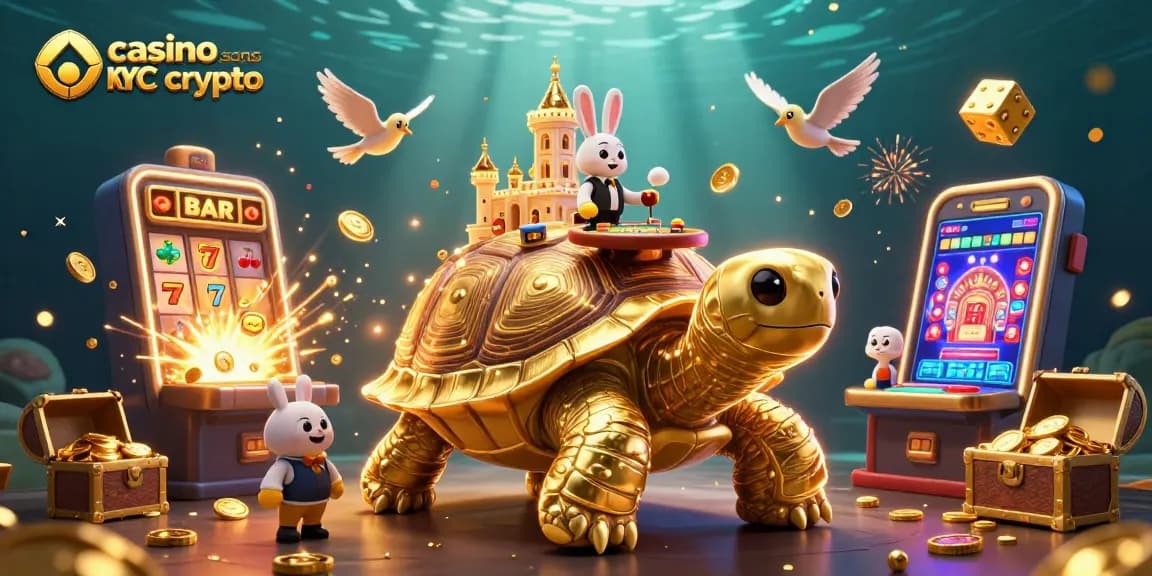 Jouez au casino sans KYC crypto avec une tortue dorée, un croupier et un jackpot de pièces