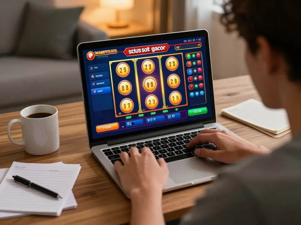 Engaging player at home using laptop on situs slot gacor with vibrant game visuals.