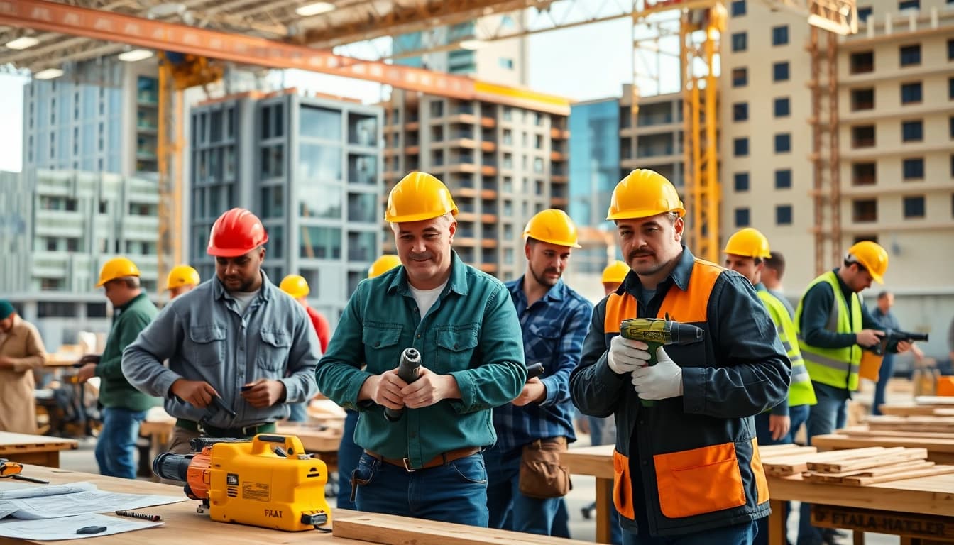 Students training at Construction trade schools in texas while using tools and collaborating.