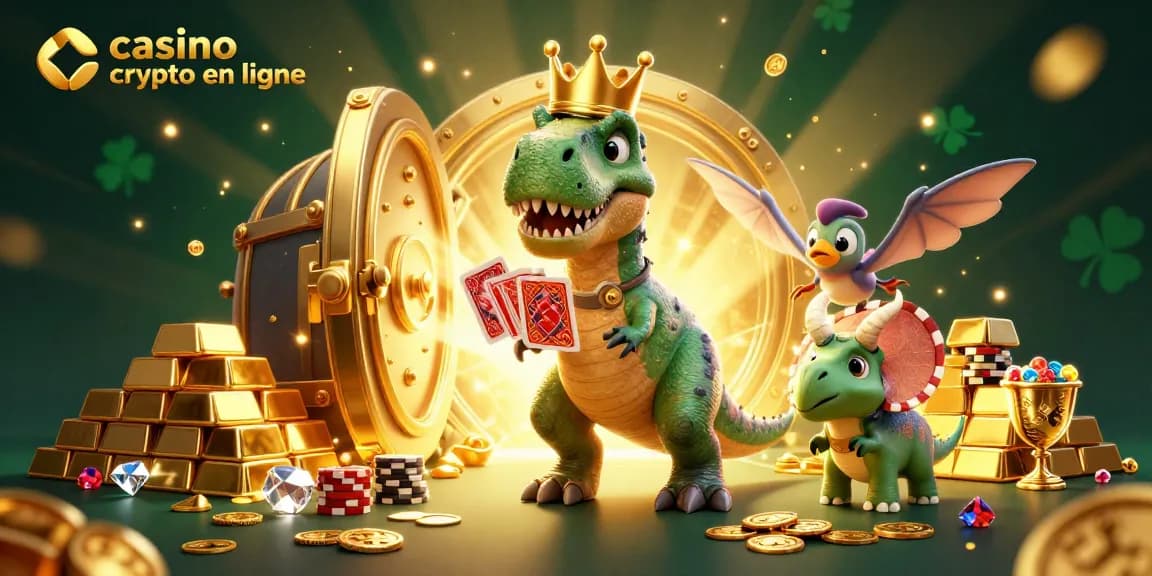 Des dinosaures s'illuminent dans un casino crypto en ligne avec des pièces d'or et des jeux de cartes.