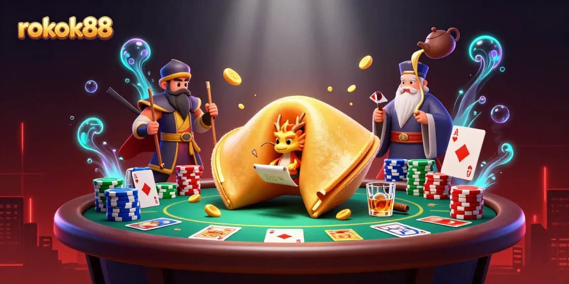 Engage in thrilling rokok88 casino action with a vibrant illustration featuring a fortune cookie and poker scene.