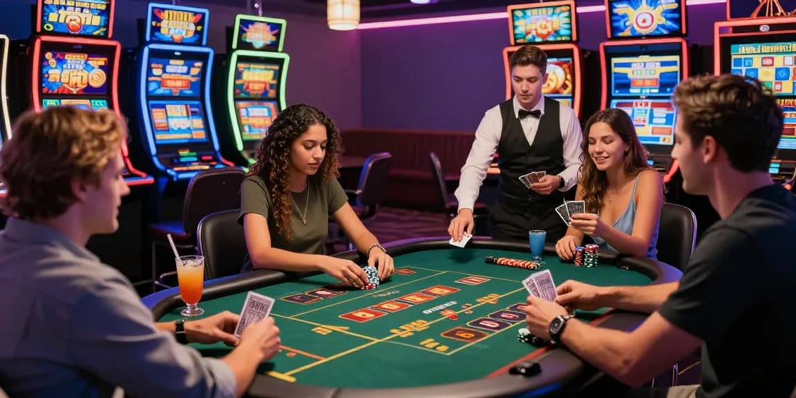 Exciting scene at credit card casinos with friends enjoying gaming, vibrant slot machines, and engaging dealer atmosphere.