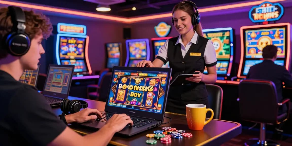 Player enjoying Bonus Buy slots on https://aboutderbyshire.co.uk in a vibrant online casino with neon lights.