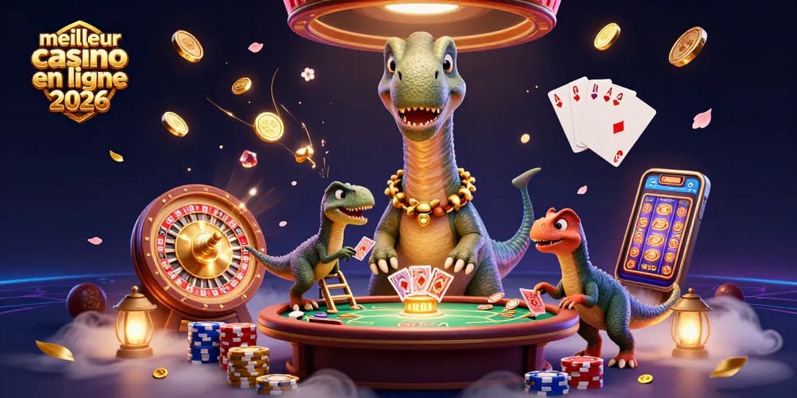 Illustration captivante du meilleur casino en ligne 2026 avec un brontosaurus géant et un raptor distribuant des cartes.