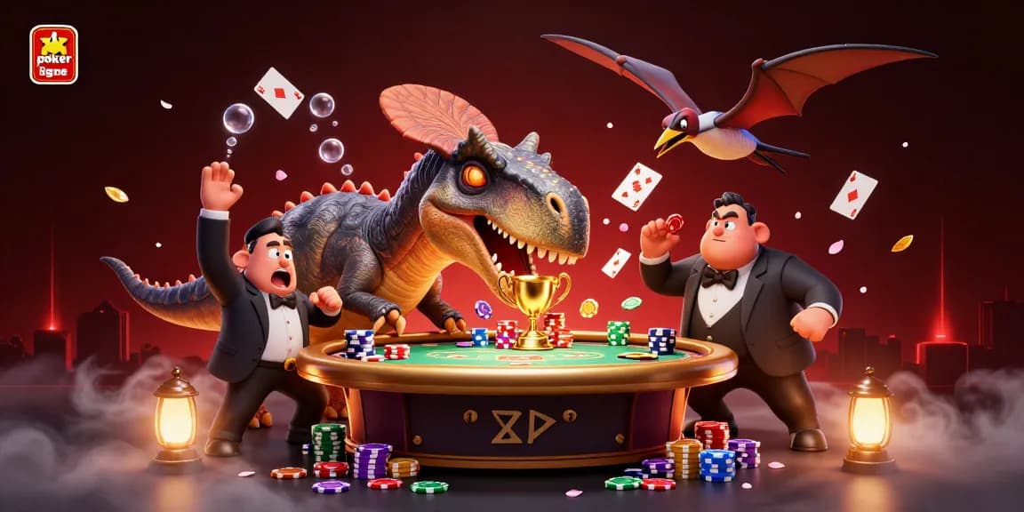 Venez découvrir le poker en ligne avec une illustration 3D où un pachycéphalosaure enfonce une table de poker pour remporter des jetons.