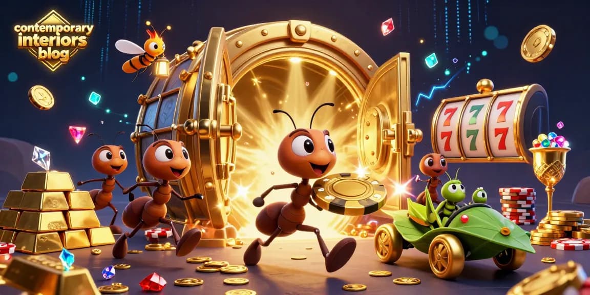 Engaging 3D illustration depicting a contemporary interiors blog casino heist with lively ants and golden elements.