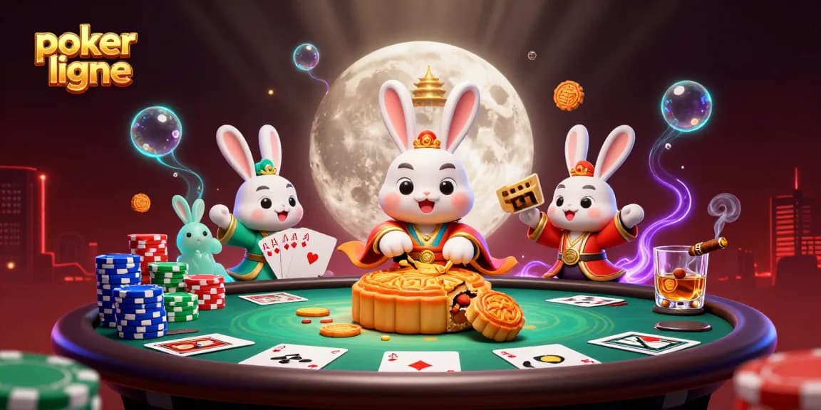 Jouez au poker en ligne avec des jetons magiques révélés par le lapin de lune sur une table de poker animée.