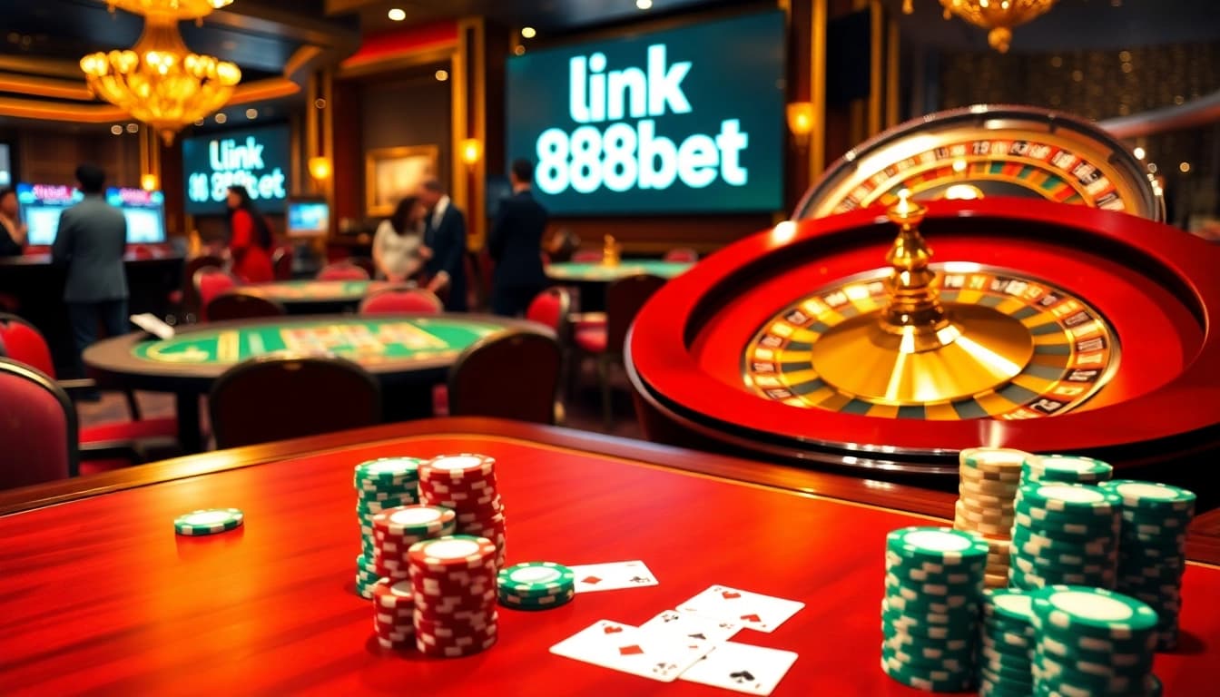 Experience the excitement of link 188bet with vibrant poker chips and a spinning roulette wheel.
