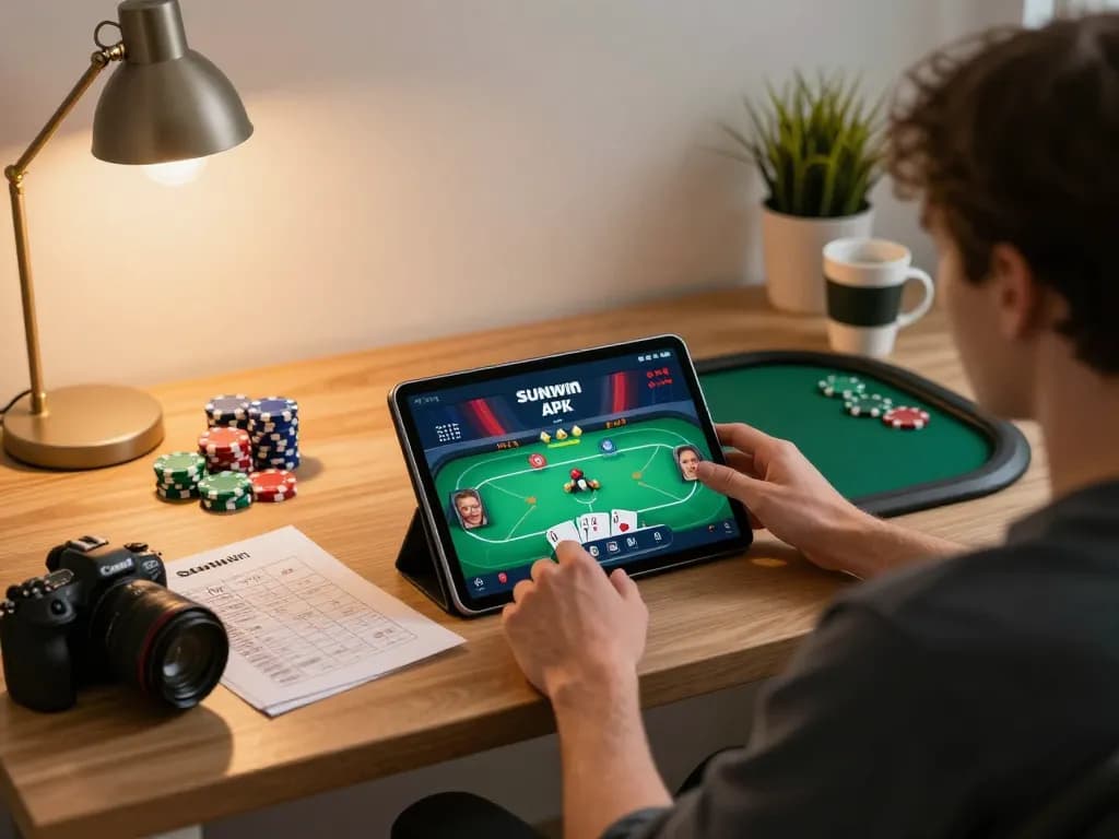 Person playing poker on SunwinAPK app, showcasing dynamic online gambling experience.