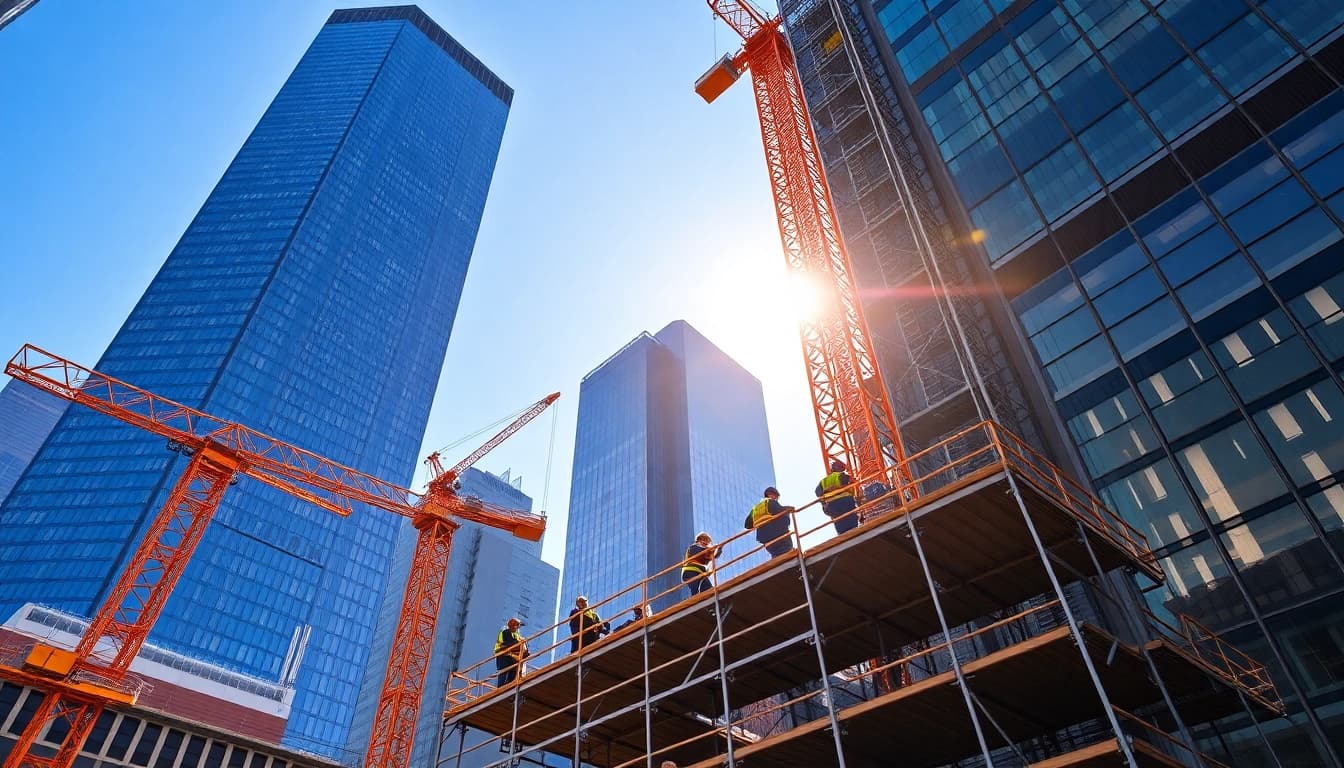 New York Commercial General Contractor team collaborating on a skyscraper project in a vibrant urban setting.