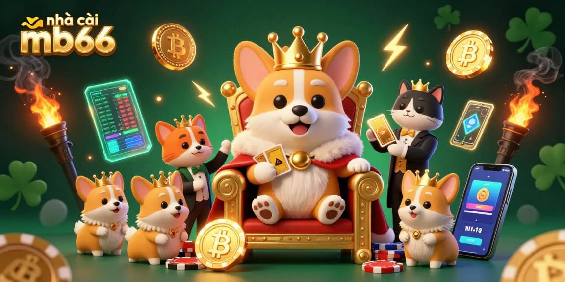 Engage with nhà cái mb66 through vibrant 3D illustration depicting a royal corgi on a poker chip throne, flanked by gaming elements.