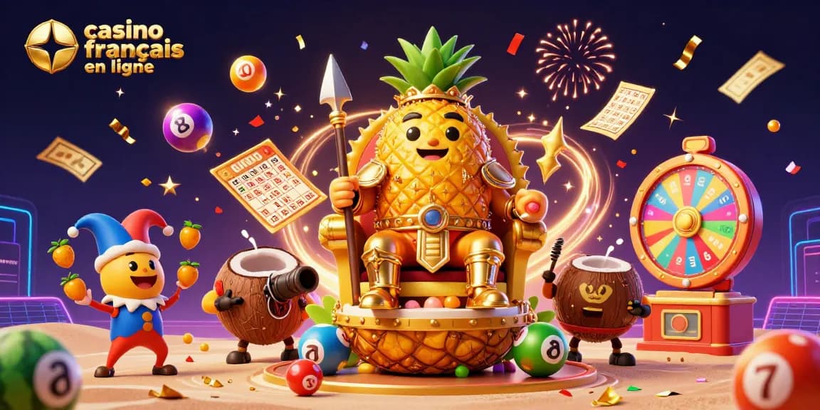 Jouez sur casino français en ligne avec l'humoristique roi ananas et ses gardes autour d'une ambiance festive.