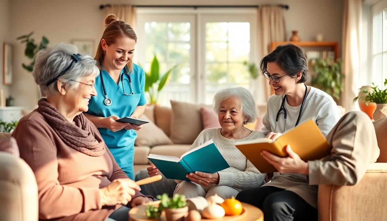 Engaging scene of senior caregivers in Austin, TX, assisting elderly clients with care and companionship.