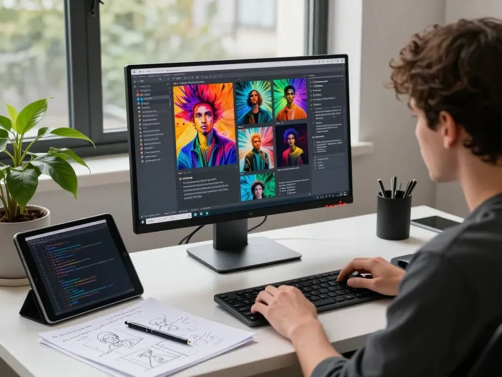 AI developer converting images to prompts in a modern workspace with vibrant visuals.