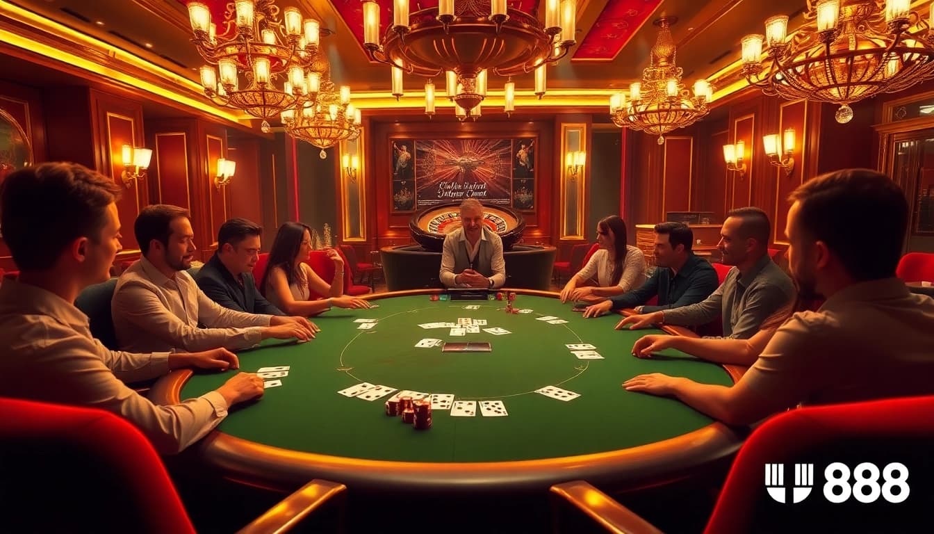 Experience the excitement of U 888 at a luxurious poker table with glamorous details and vibrant colors.
