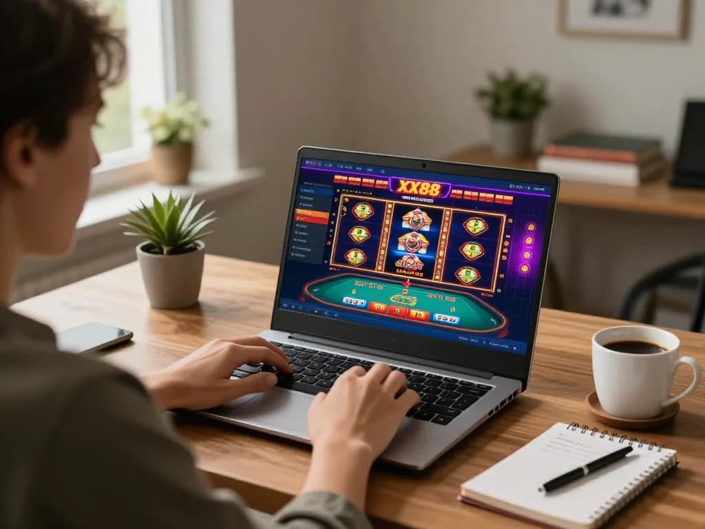 Engaged player enjoying XX88 online casino games, showcasing vibrant interface in cozy home setup.