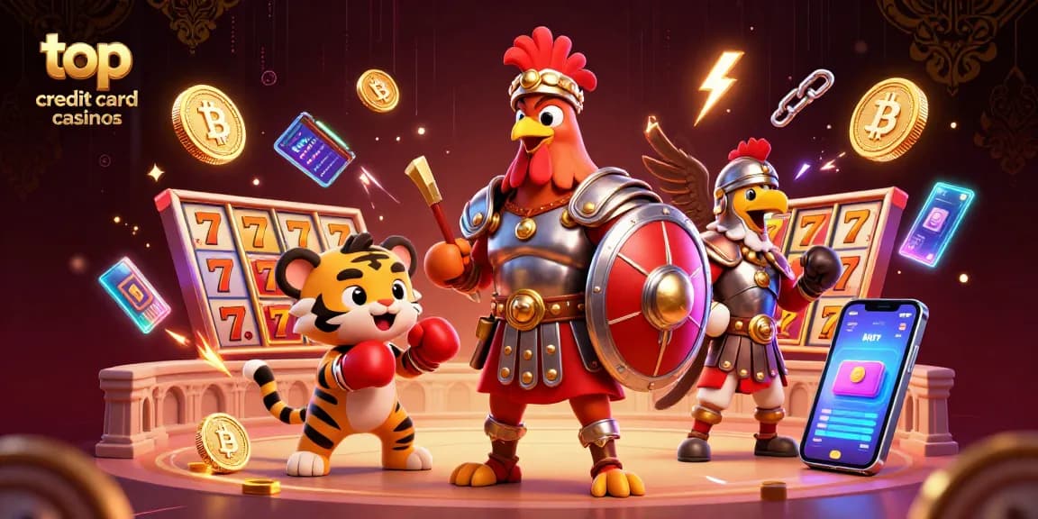 Engage with top credit card casinos through an exciting 3D scene filled with slot reels and currency coins.