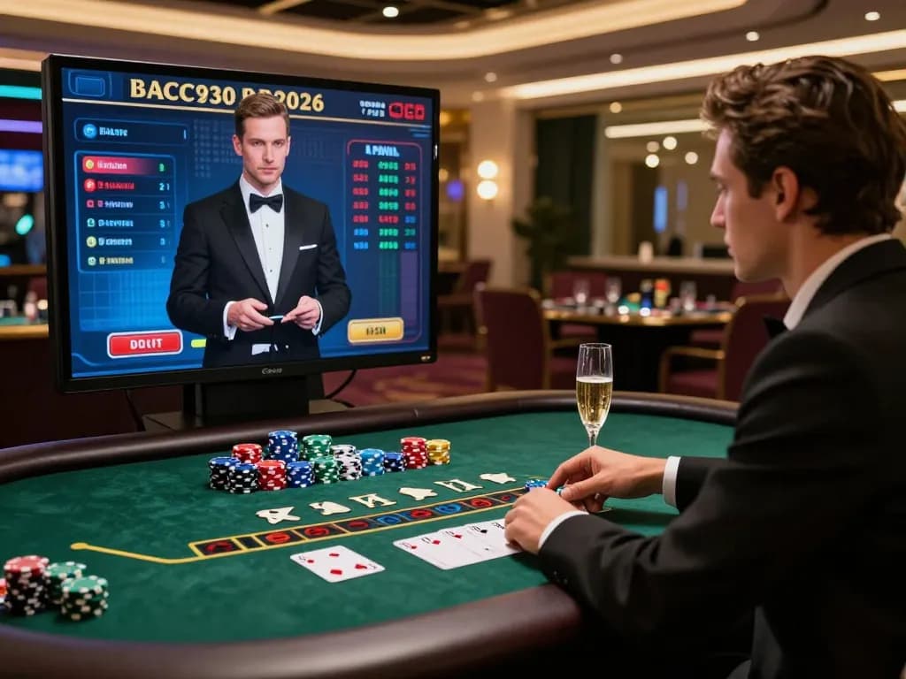 Engaging live baccarat gameplay showcasing a stylish player at a digital casino with vibrant ambiance and dealer interaction.