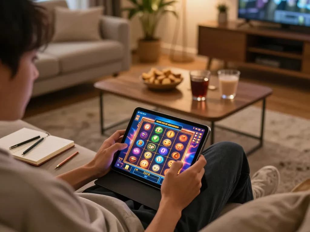 Savvy gamer explores situs slot gacor on tablet, surrounded by gaming strategy notes and snacks in cozy living room.