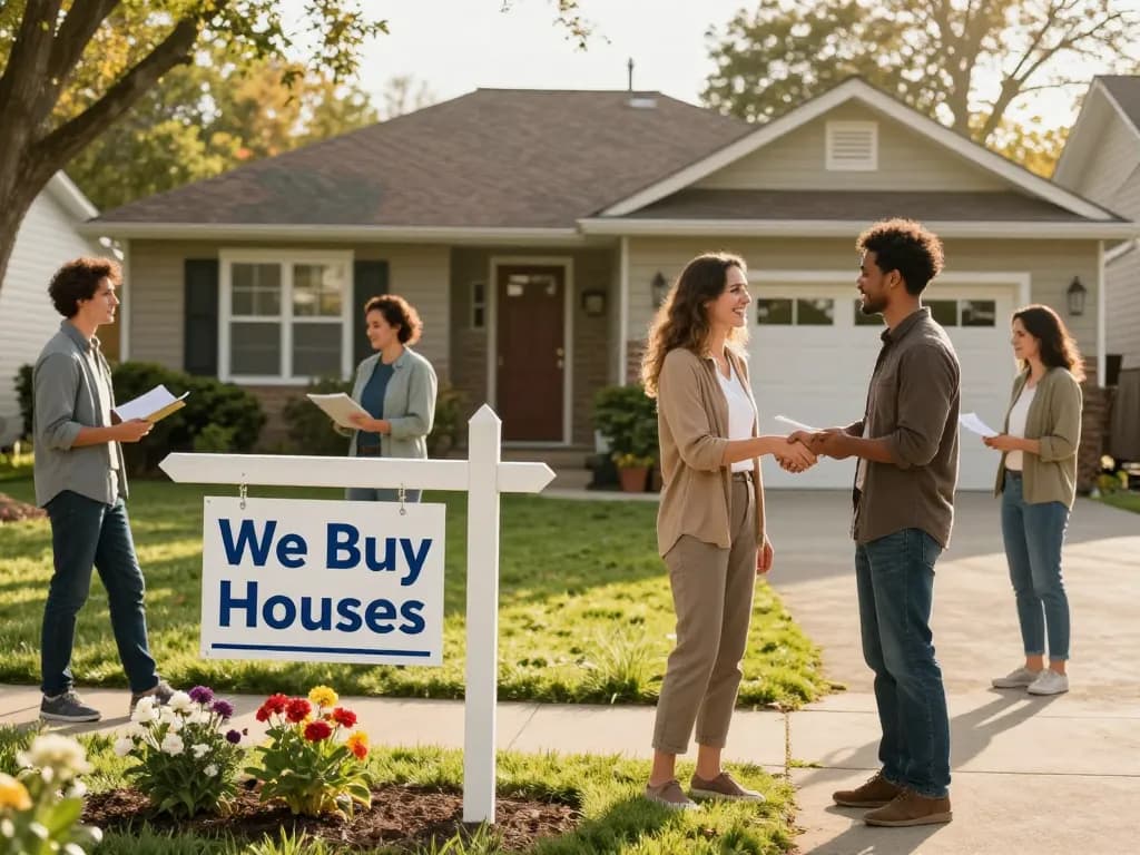 We buy houses team shaking hands in front of a welcoming suburban home